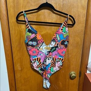 Red and Pink One Piece Swimsuit with Plunging V-neckline